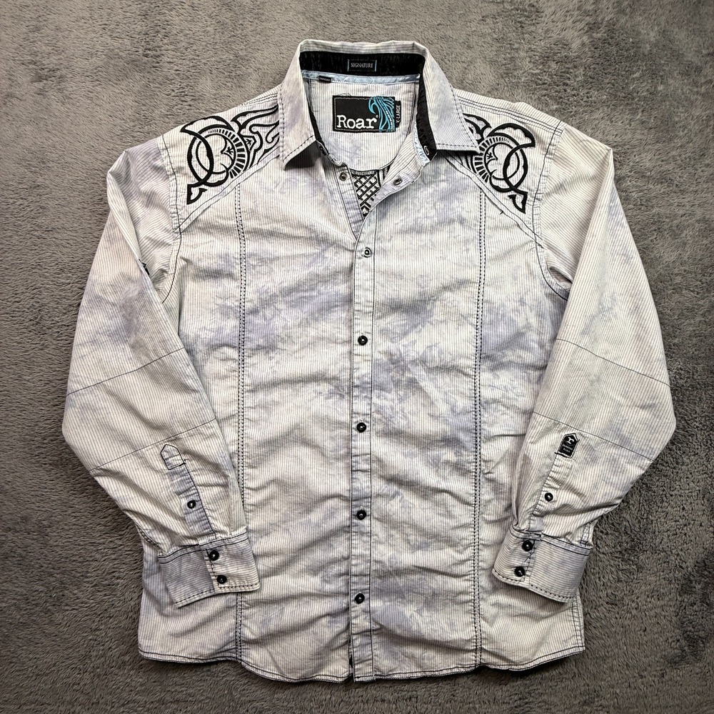 ROAR Y2K Cross Embroidery Button Shirt Tie Dye Mens XL Roll Tab Sleeve Cotton